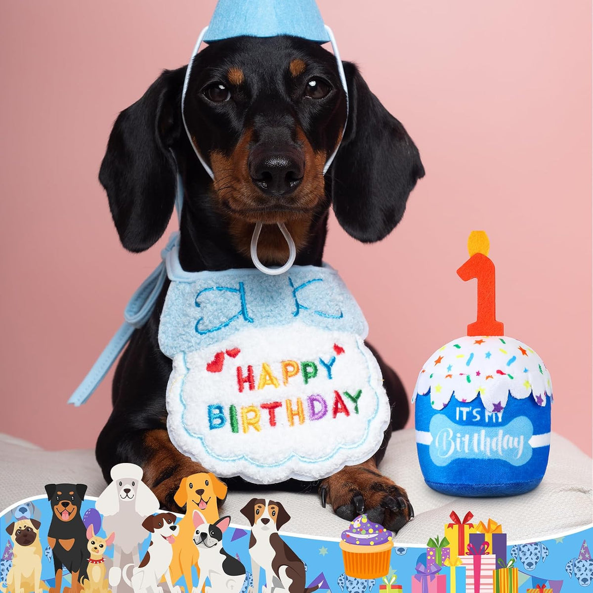 Dansydaisy Dog Birthday Cake Toy Squeaky Plush Gift,1st,Blue | Interactive Squeaky Gift for Dogs, Dog Birthday Decor , Soft Chew for Small Medium Large Pets, Cake Design with Candle