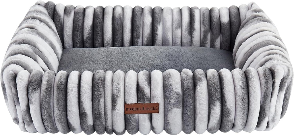 Modern Threads Ribbed Plush Two-Tone Cuddler Dog Bed, Ultra-Soft Faux Rabbit Fur, Supportive Bolstered Sides, Removable Washable Cover, Bed for Medium to Large Dogs, Silver, (34" L x 25" W x 9" Th)