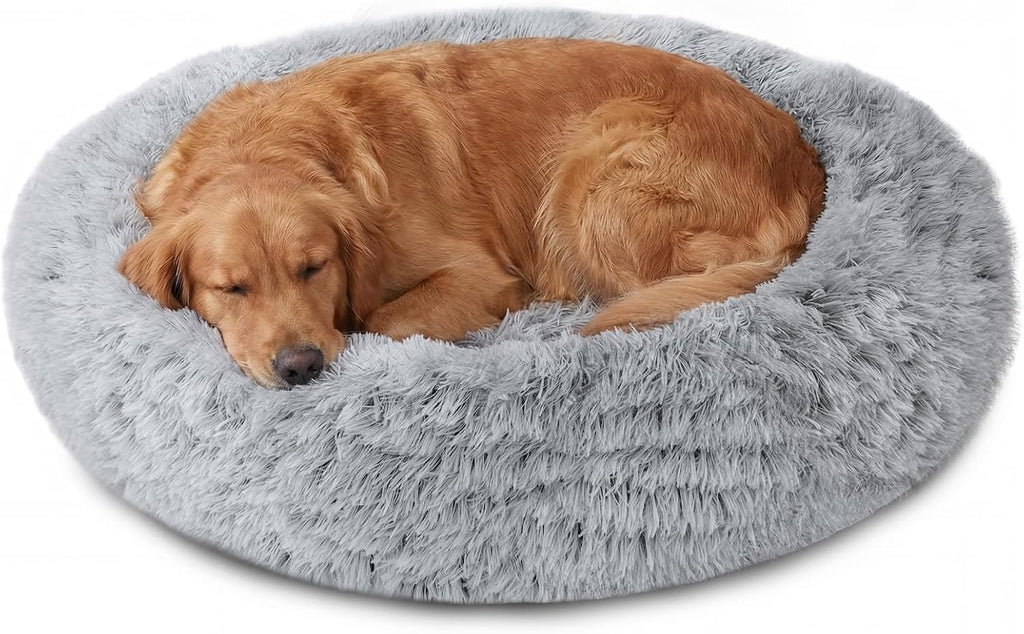 JOLLYVOGUE Calming Dog Beds Large Sized Dog, 36in Donut Washable Large Pet Bed, Anti-Slip & Anti-Anxiety Fluffy Faux Fur Round Dogs Bed, Fits up to 80 lbs Pets (Smoke Grey)