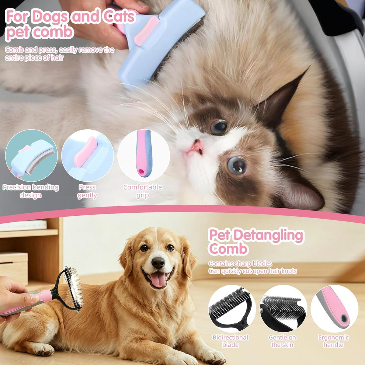 Oromaviela 8PCS Dog Rabbit Bunny Cat Grooming Kit, Self-Cleaning Slicker Brush & Deshedding Comb, Dematting Tool, Nail Clipper File, Flea Comb, Portable Storage Bag for Long/Short Haired Pets(8, pink)