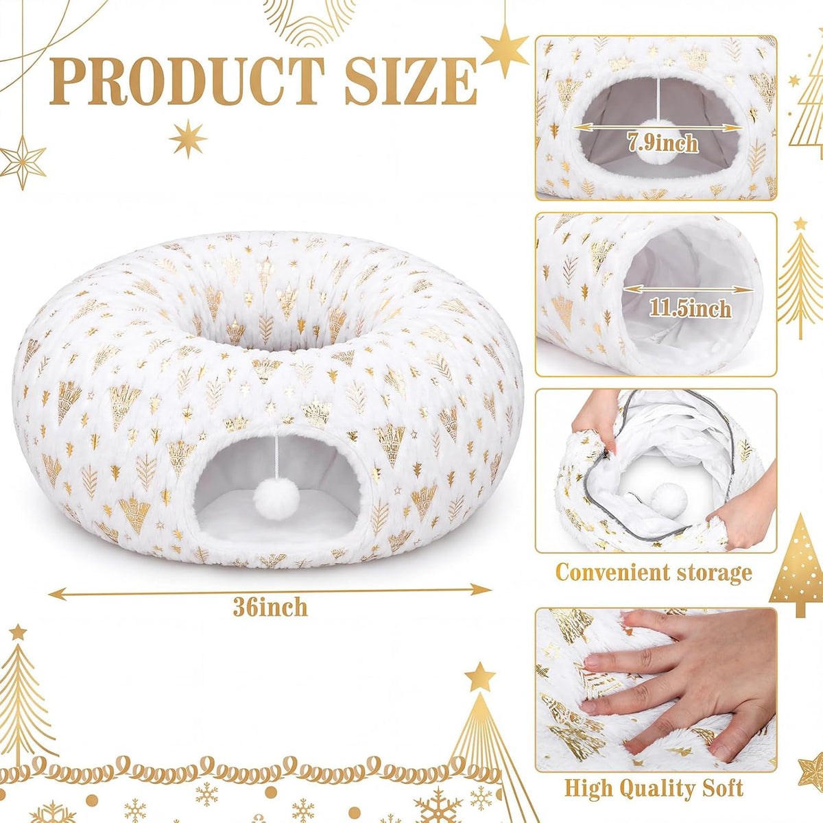 Christmas Tree Cat Tunnel 36 in Donut Bed, White, Polyester, Gold Foiling