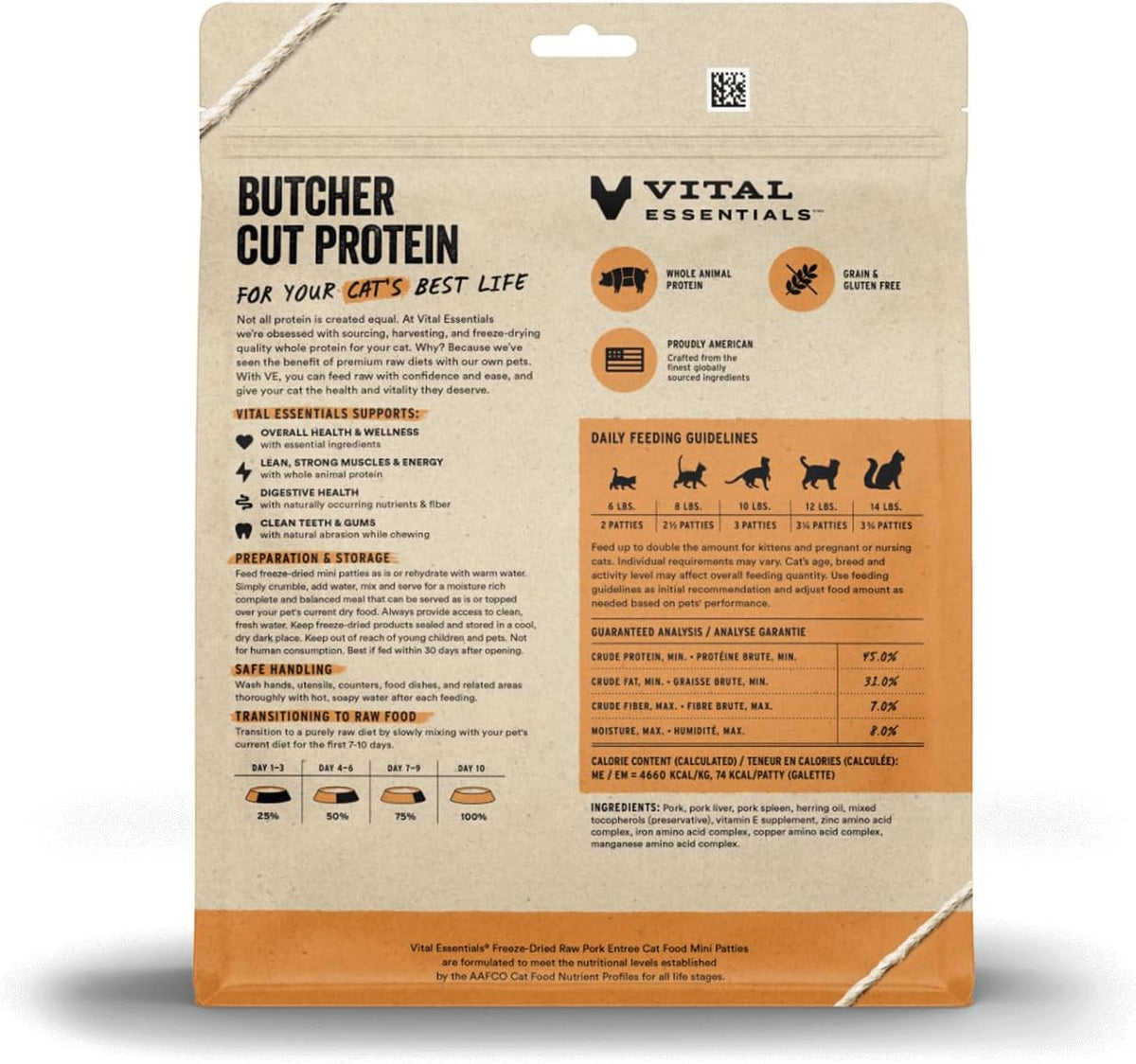 Vital Essentials Freeze Dried Cat Food, Pork Mini Patties, 8 oz Bag