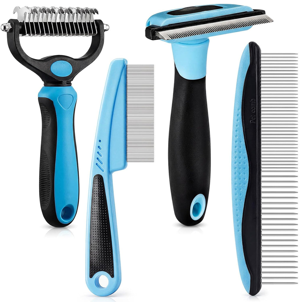 Patelai 4 Pcs Dog Dematting Comb, Blue and Black Modern Grooming Set