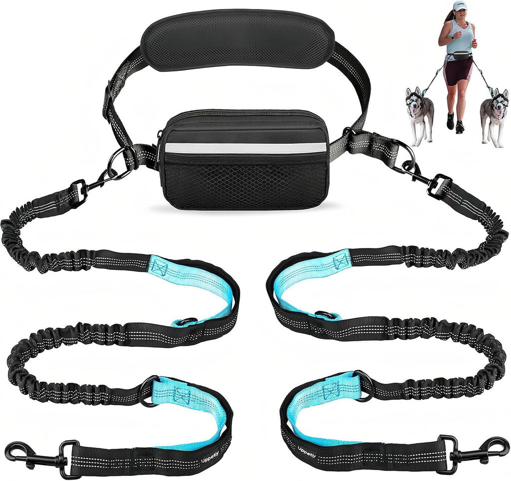 Uppetly Hands Free Dog Running Leash with Adjustable Waist Belt, Dual Handle Elastic Bungees Retractable Rope for Small and Medium Dogs, Reflective Stitches for Walking Hiking Biking (Medium, 8-35lb)