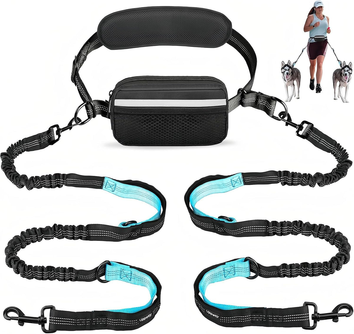 Uppetly Hands Free Dog Running Leash with Adjustable Waist Belt, Dual Handle Elastic Bungees Retractable Rope for Small and Medium Dogs, Reflective Stitches for Walking Hiking Biking (Medium, 8-35lb)