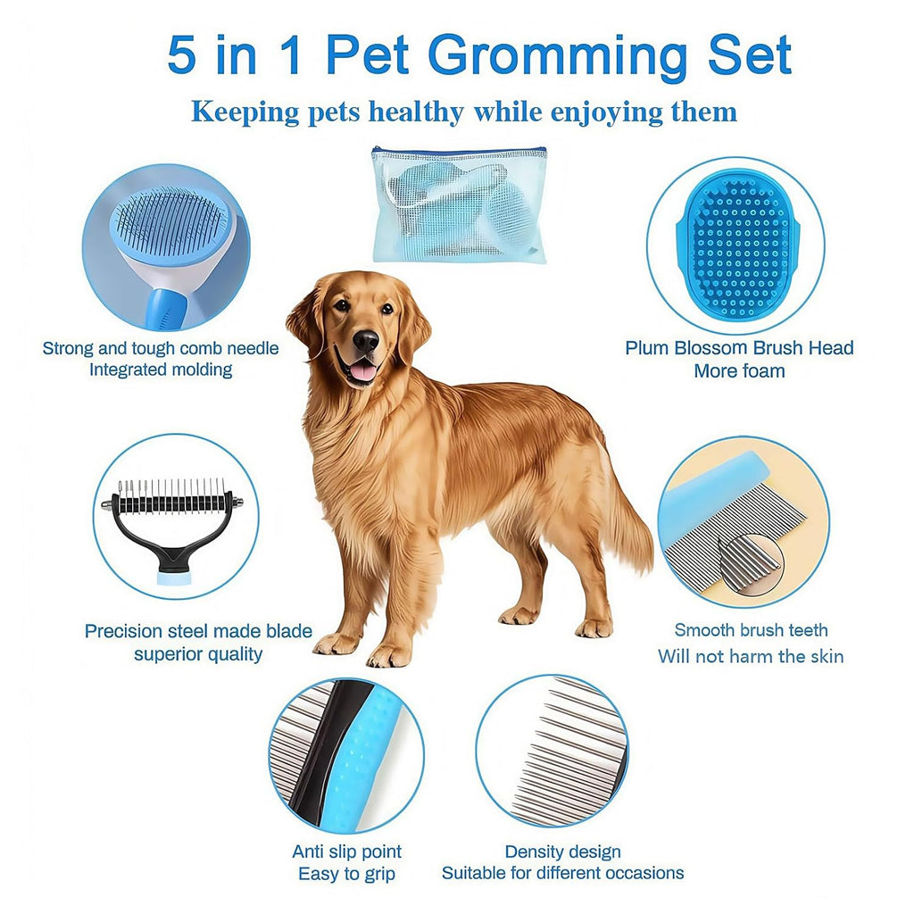 5-in-1 Grooming Kit - Supplies for Short and Long Hair Dogs, Bath Brush, Dematting Rake and Comb (Set of 5, Blue)