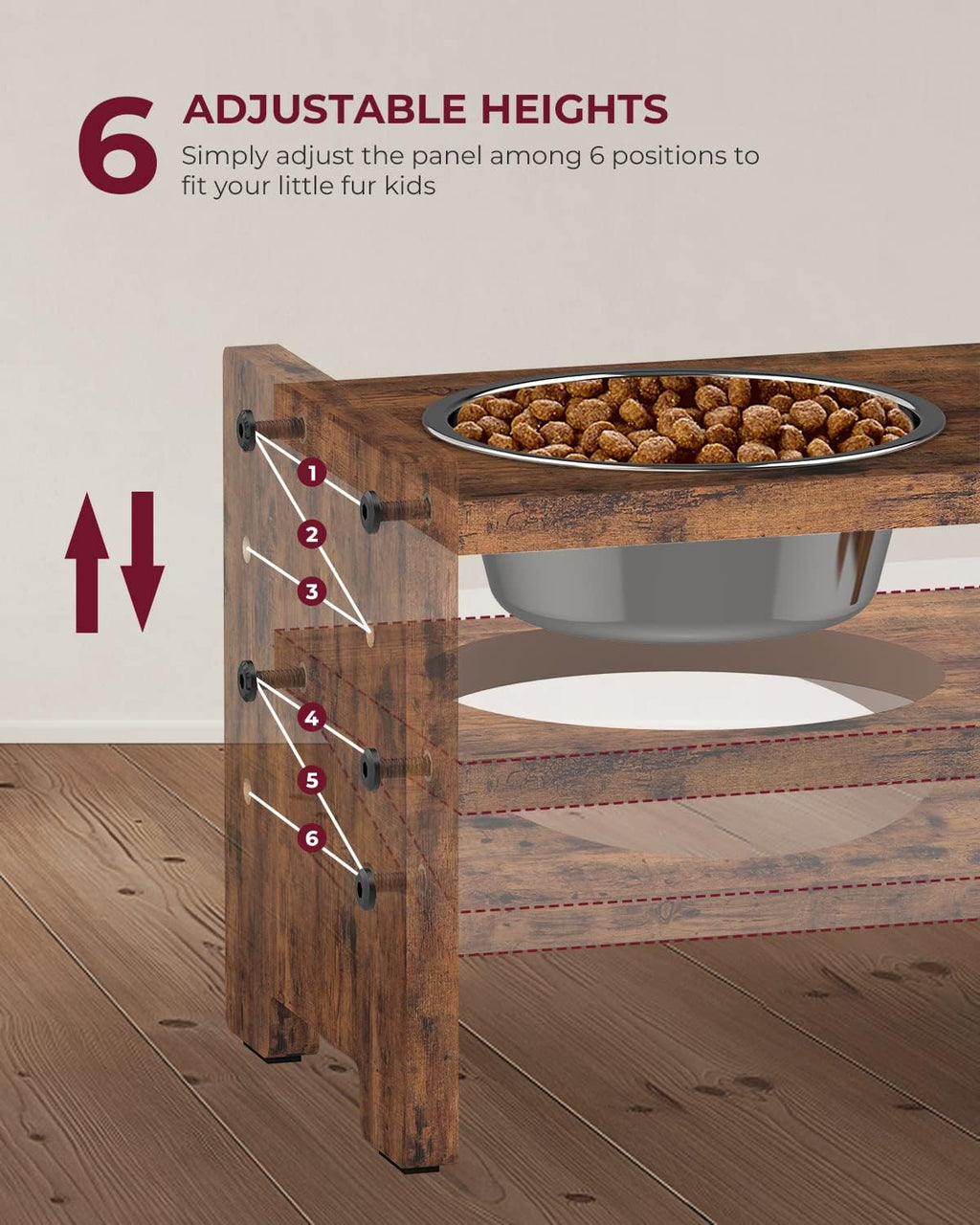Elevated Dog Bowls, Raised Bowl Stand Adjustable Small, Rustic Brown | Particle Board Raised Feeder with 2 Stainless Steel Bowls, Adjustable Height for Small Puppies and Cats