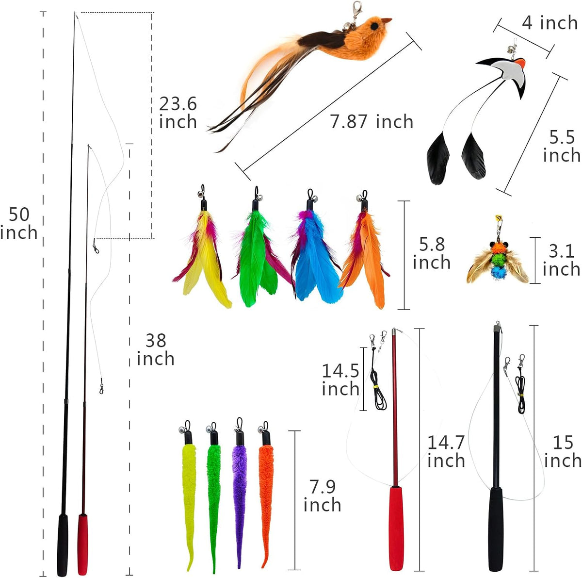miwoowim Interactive Cat Wand Toy Set, 2 Telescopic Rods & 11 Attachments | Teaser refills for indoor cats,2 retractable fishing poles with worm,bird & feather toys replacement. Durable cat string toy