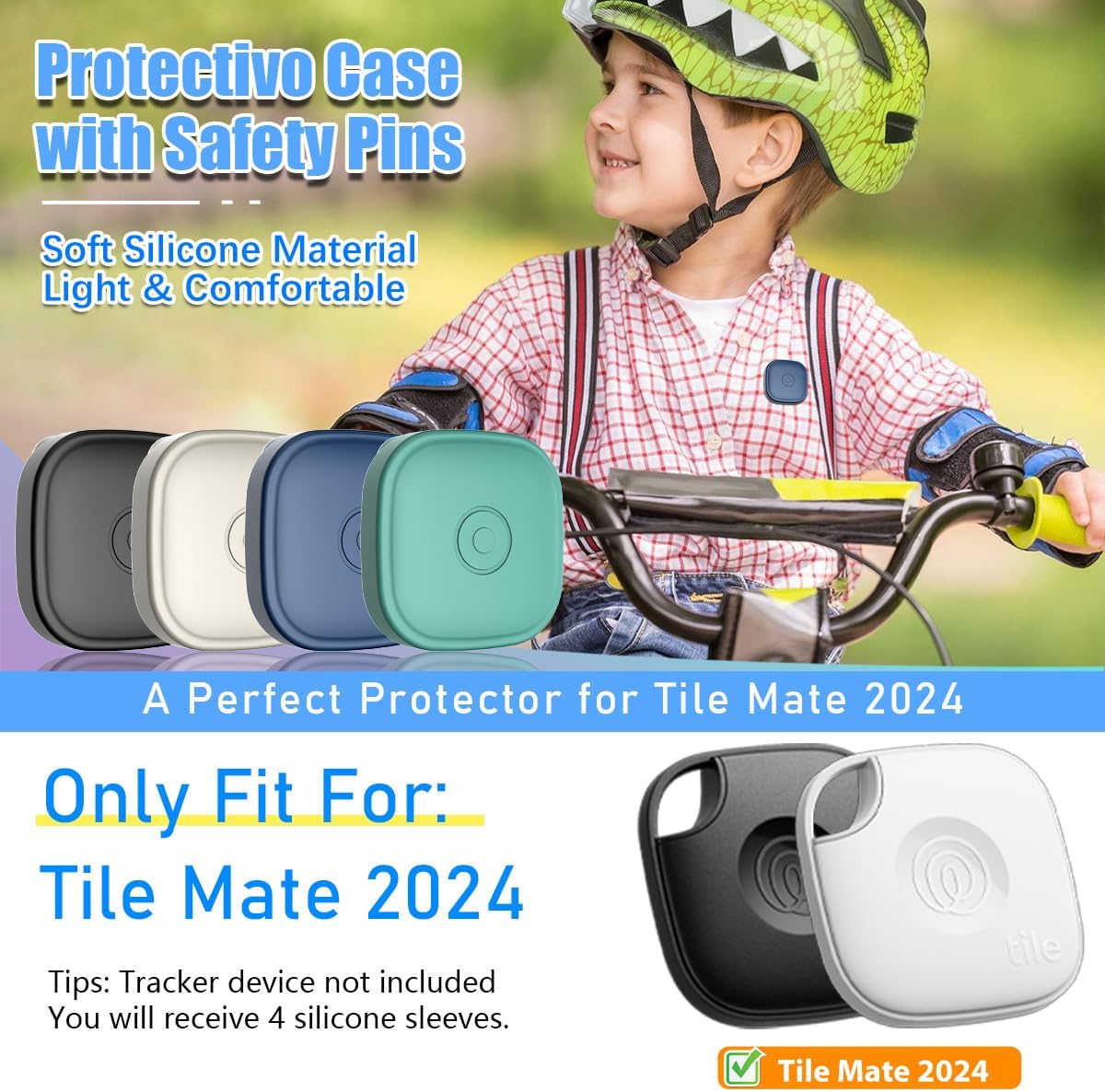 4-Pack Silicone Cases for Tile Mate 2024 with Pin, Waterproof Hidden Holder for Tile Life360 Mate Tracker Case for Child/Elderly/Pets Collar/Shoelaces/Clothes/Backpack (Black+White+Dark Blue+Green)
