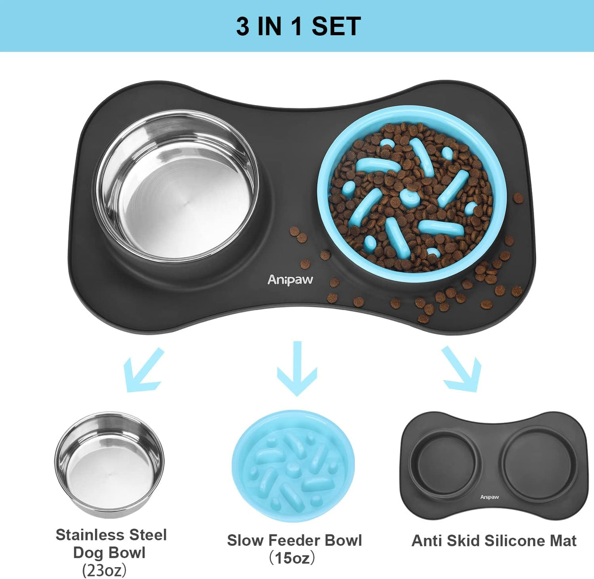 Slow Feeder Dog Bowls 3 in 1 Stainless Steel Food Water Bowl to Slow Eating | Durable, Non-spill & Non-skid with Silicone Mat Design, Slow Down Eating, Suitable for Small Medium Large Dogs and Cats 