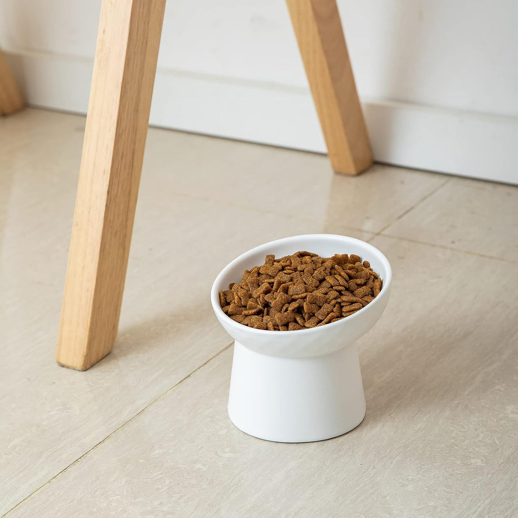 Elevated Cat Bowls, 15° Tilted Ceramic Raised Cat Food and Water Bowl Set, Whisker-Friendly Porcelain Pet Feeder Dishes for Indoor Cats and Small Dogs,White,5.2 Inch,1 Pack