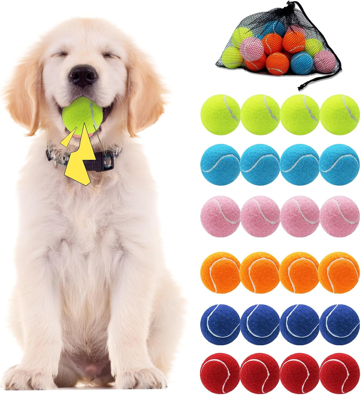 Swingers Squeaky Tennis Balls for Dog, 2.5 Inch Training Tennis Balls | Exercise Ball for Pet Dog with Mesh Carry Bag, Easy to Transport, For Interactive Play, Anxiety Relief