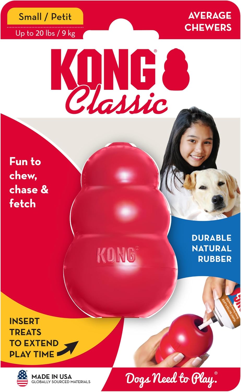 KONG Classic Stuffable Dog Toy, Natural Rubber Chew, for Small Dogs | Treat-Filling Fetch & Chew Toy with Erratic Bounce, Made from KONG Durable Natural Rubber for Extended Playtime