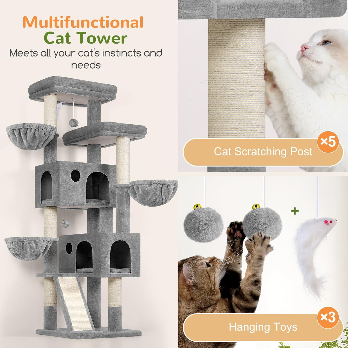 Globlazer Large Cat Tree 72in Tall Cat Climbing Tower, F72G, Light Grey