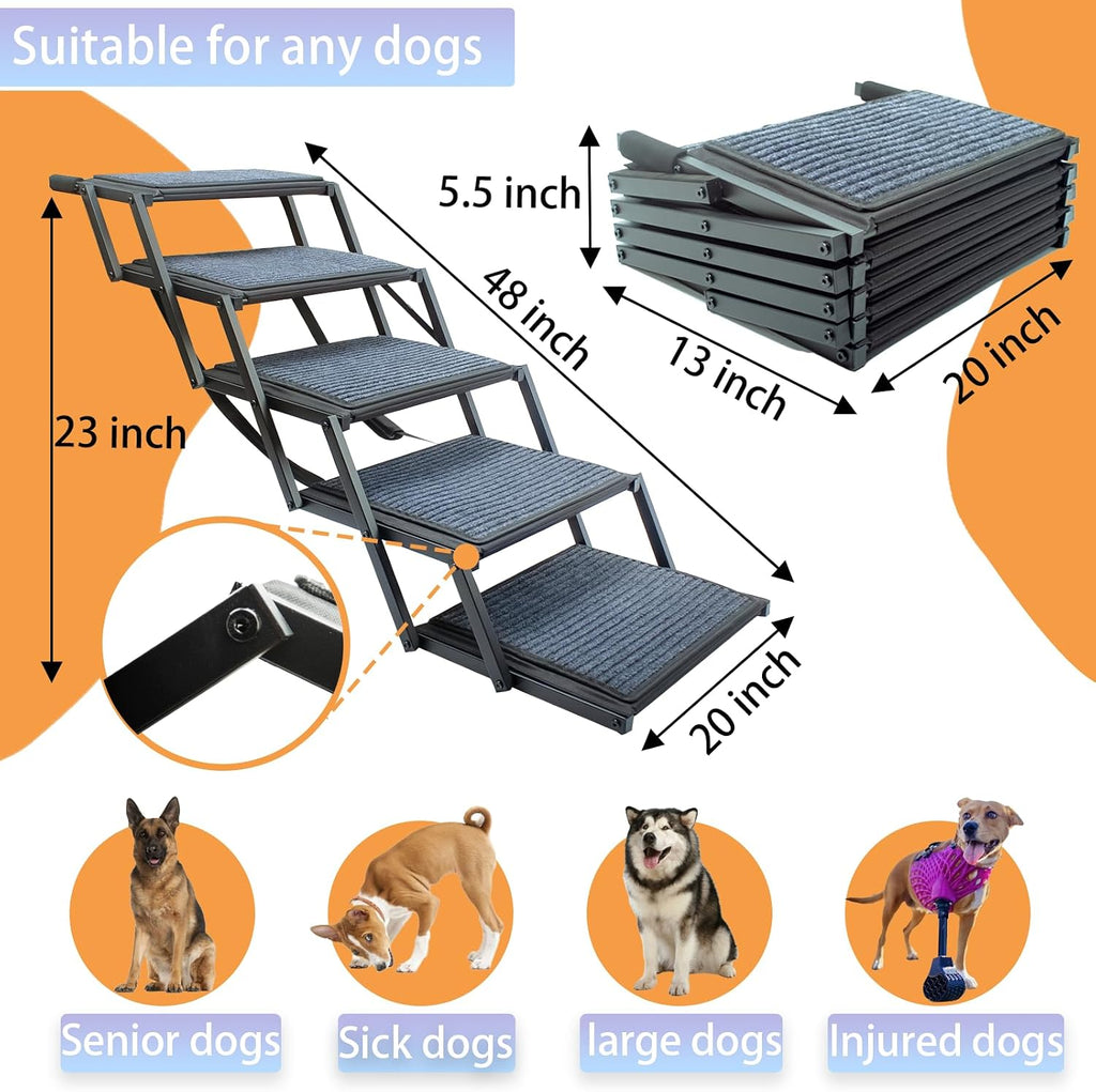 Extra Wide Dog Ramp for Car Truck and SUV Dog Stairs for Large Dogs Folding Pet Stairs with Non-Slip Rug Surface Supports Up to 280 lbs (Wide 5 Steps)