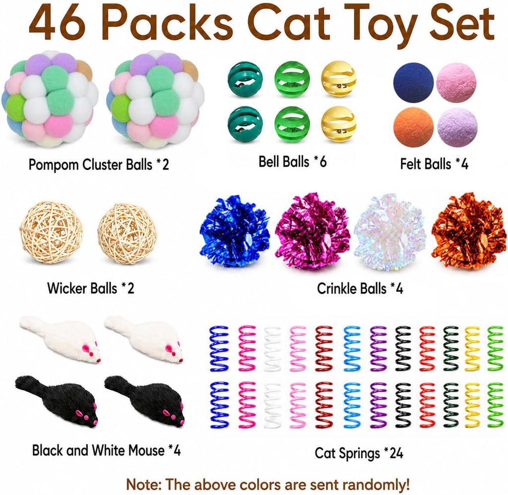 Cat Toys for Indoor Cats, 46 Pack Interactive Cat Toy Set for Kitten | Kitten Toys Variety Pack with Chew Ropes, 12-Color Springs, Mouse & Multiple Types of Balls for Boredom Relief and Self-Play
