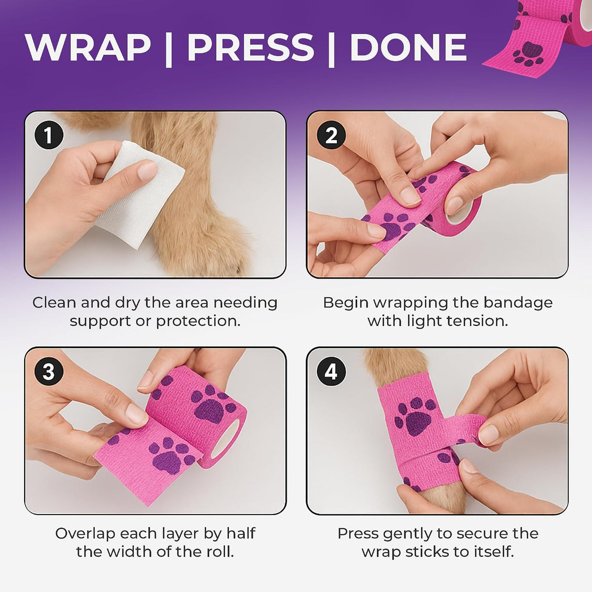 JorVet 4" x 10 Yards Cohesive Bandages | Fun Self-Adhesive Wrap for Animal Wound | Easy Tear, No Scissors Needed | Individually Wrapped Vet Tape, Secure & Flexible | Dog Paw Purple/Pink | Pack of 12