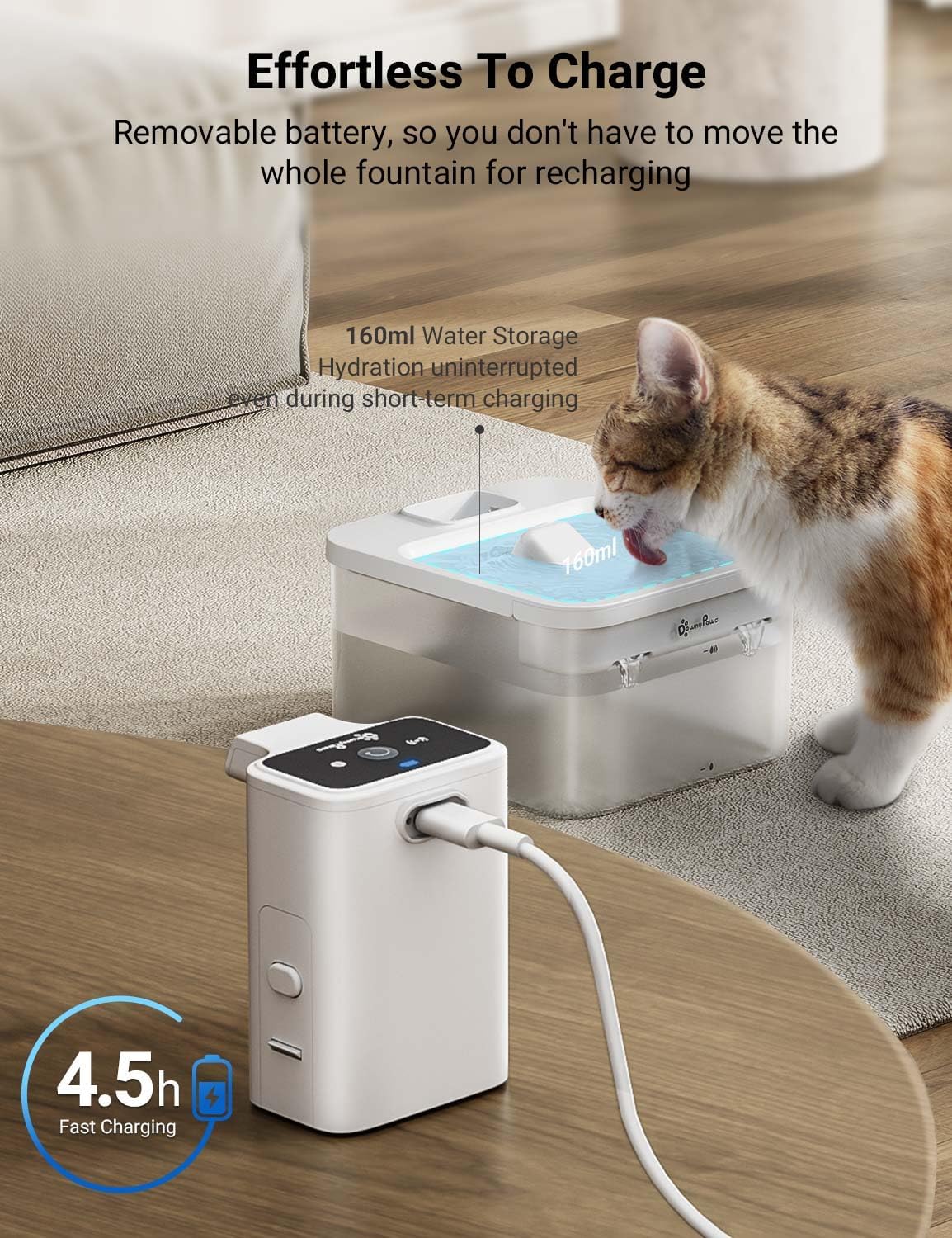DownyPaws Cat Water Fountain Cordless, Pet Fountain, 84oz/2.5L, White