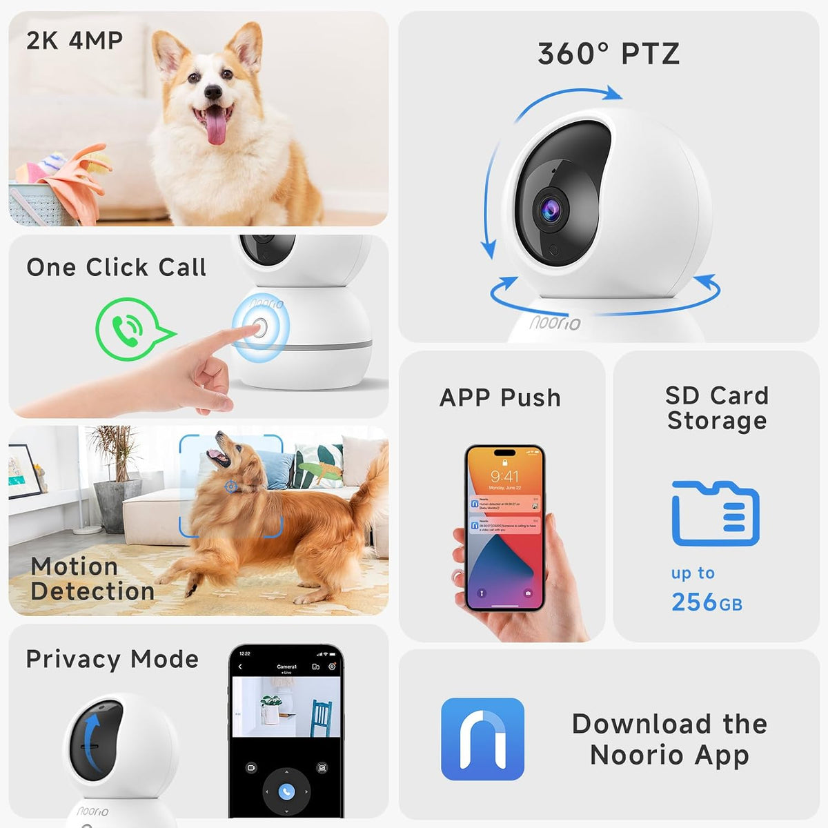 Noorio 2K Indoor Camera Wireless, Baby Monitor Pet Camera, 2-Way Audio