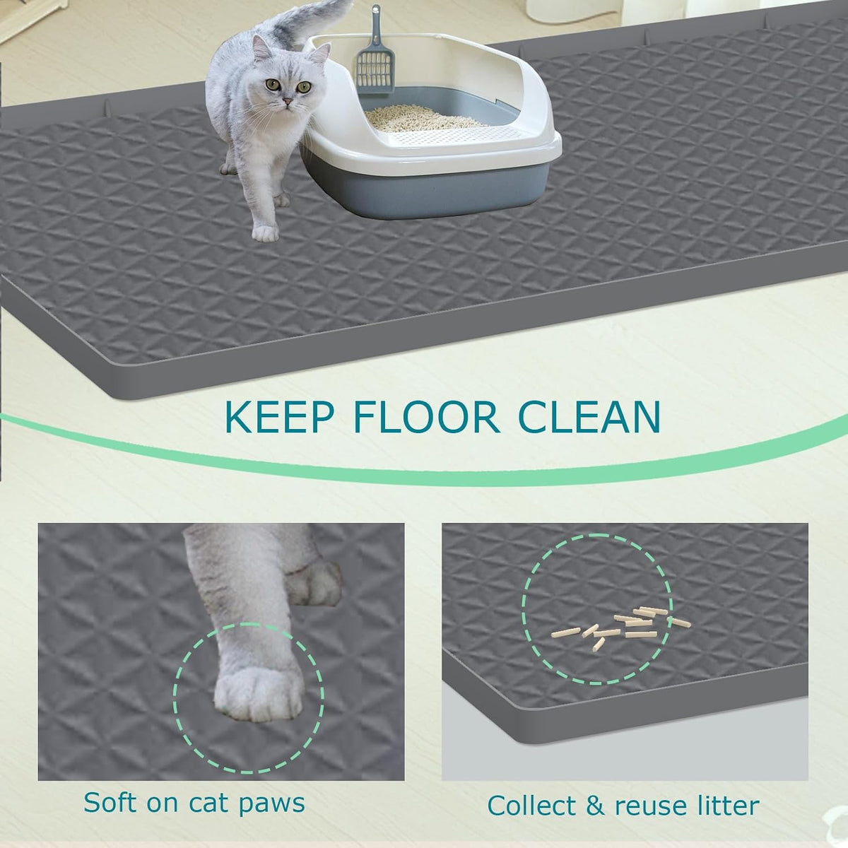 Cat Litter Mat for Litter Box, Silicone Large Cat Litter Trapping Mat - 51.2x25.6 in, Waterproof & Non-Slip, Durable & Easy Clean, Gray