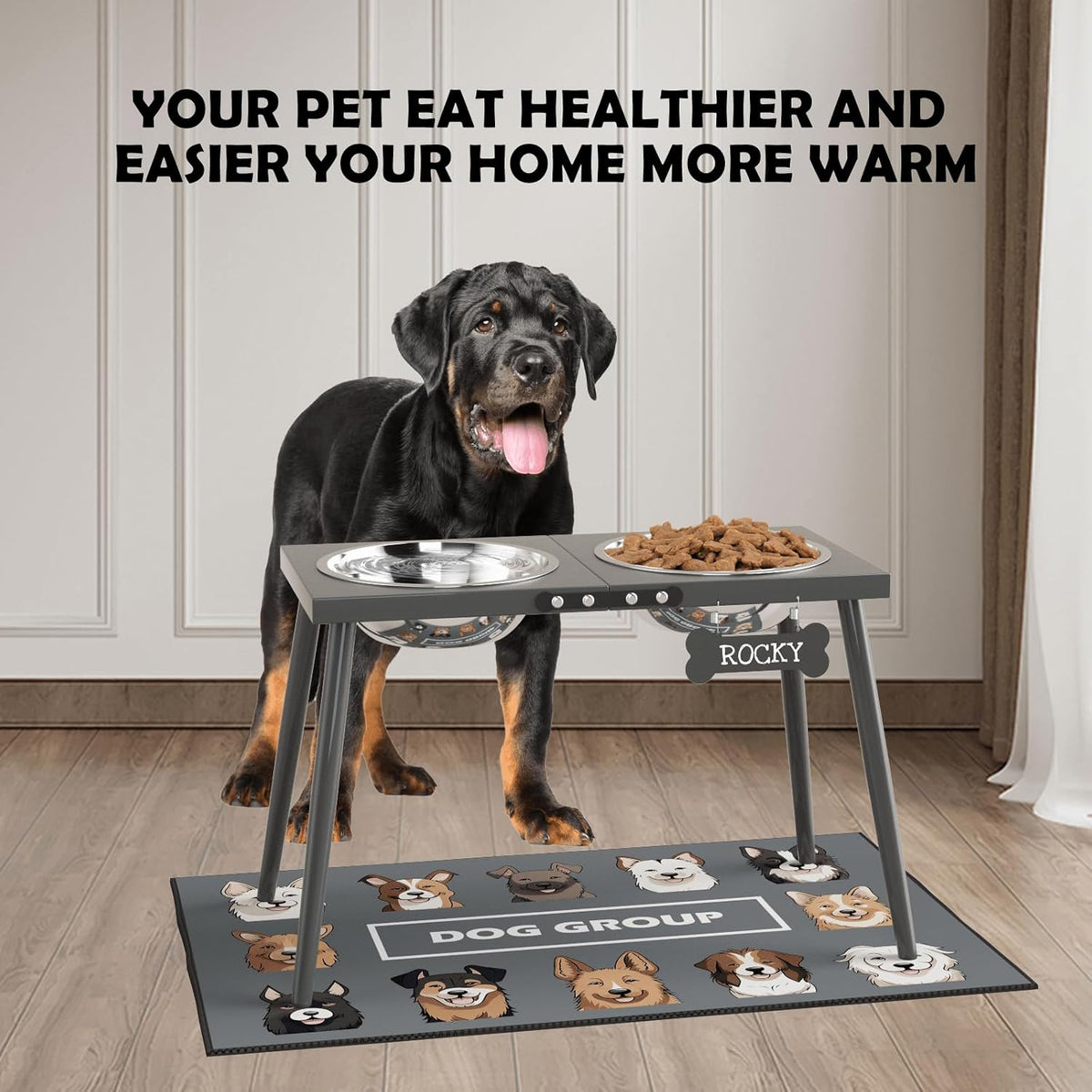 ADENGL Elevated Dog Bowls for Large Extra Large Pet, Raised Dog Bowl Stand with Sprill Proof Mat and Bowls (2000ml/70oz), Pet Food & Water Bowl 15.5" Tall Dogs Feeder for Extra Large Breed, Grey