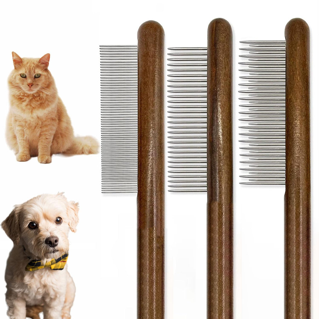 3 Pack Solid Wood Cat Combs, Dog Combs Cat Comb for Removing Tangles and Knots Flea Lice Comb with Rounded Stainless Steel Teeth Pet Comb Grooming Tool for Cats,Dogs and rabbits