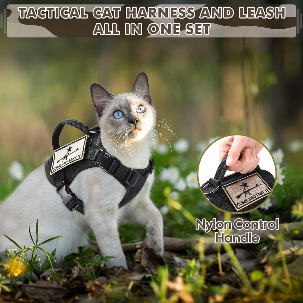 Tactical Cat Harness and Leash, Escape Proof Large Cat Walking Vest,Adjustable Soft Mesh Pet Vest Harness with Control Handle, Molle Patches Black