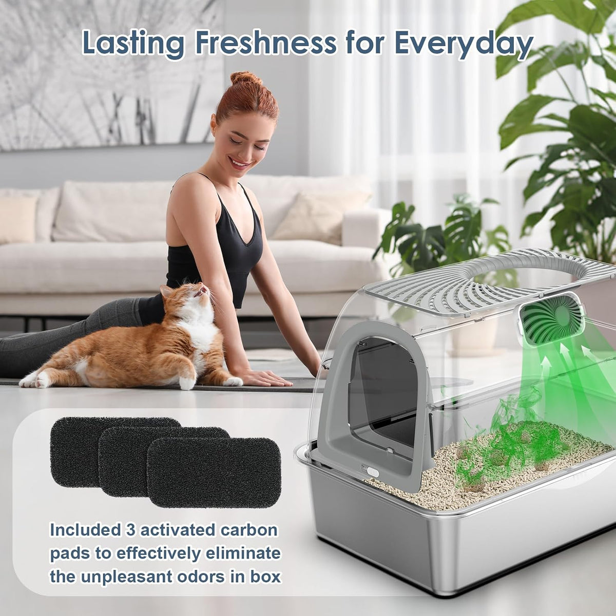 SuzziPaws Stainless Steel Litter Box Top-Entry Dog-Proof for Multi-Cats | XL Grey Hooded Lid with Filter & Scoop, Anti-Leakage Enclosed High-Sided Metal Pan for Low-Tracking & Easy Cleaning
