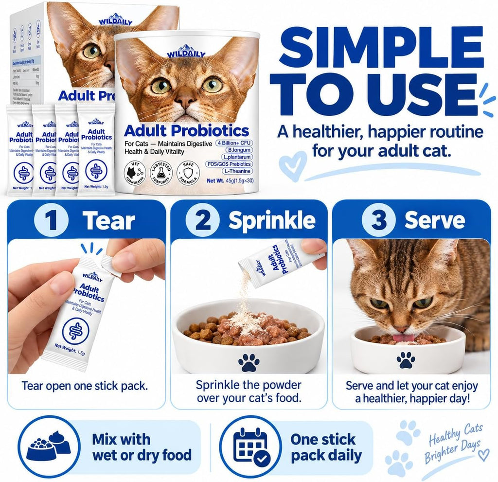 Probiotics for Cats with Prebiotics, 4 Billion CFU Digestive & Gut Health Support for Adult Cats, Probiotic Powder with B. longum + L. plantarum, FOS & GOS, 30 Daily Stick Packs