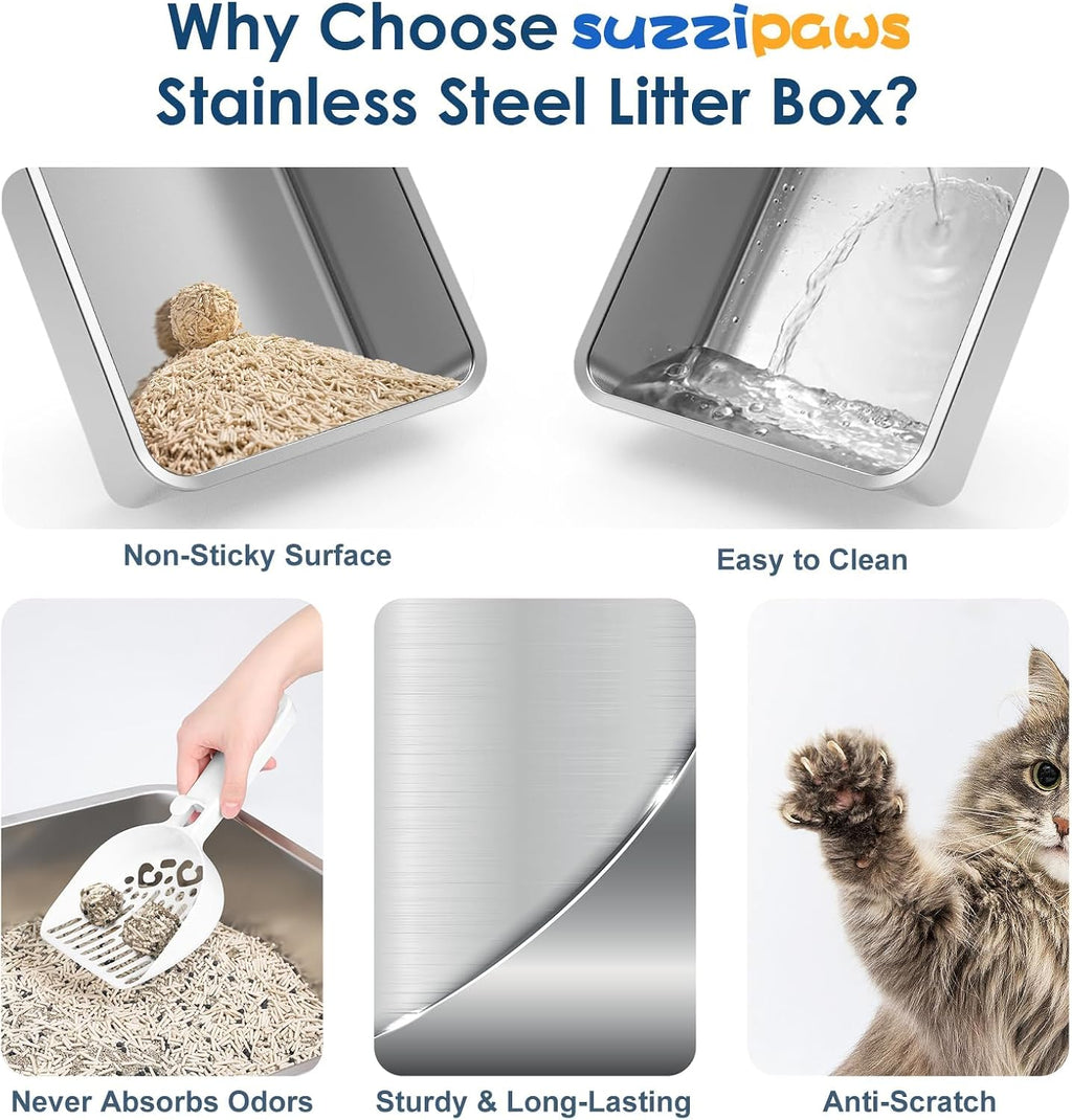 Suzzipaws 2 Pack XL Enclosed Stainless Steel Cat Litter Box for Multi-Cats | High-Side Anti-Leakage Stainless Steel Litter Box, Non-Sticky, Easy-Clean, Less Tracking for Big Cats & Multi-Cat Homes