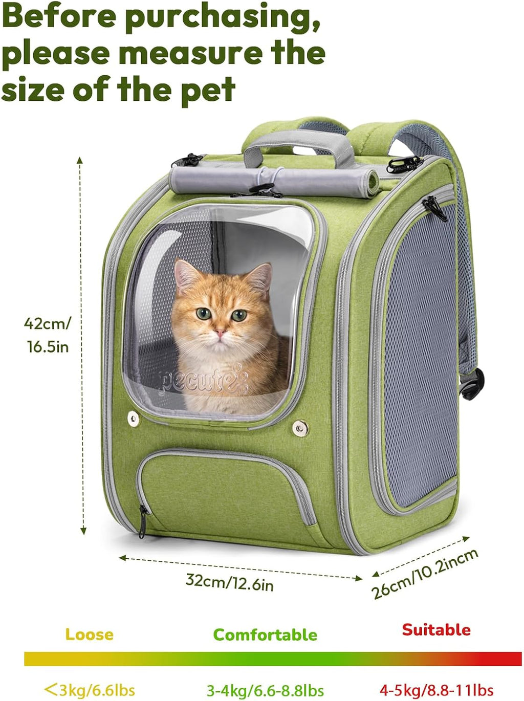 Pecute Cat Backpack Carrier,Large Space Cat Bubble Backpack,Light Green