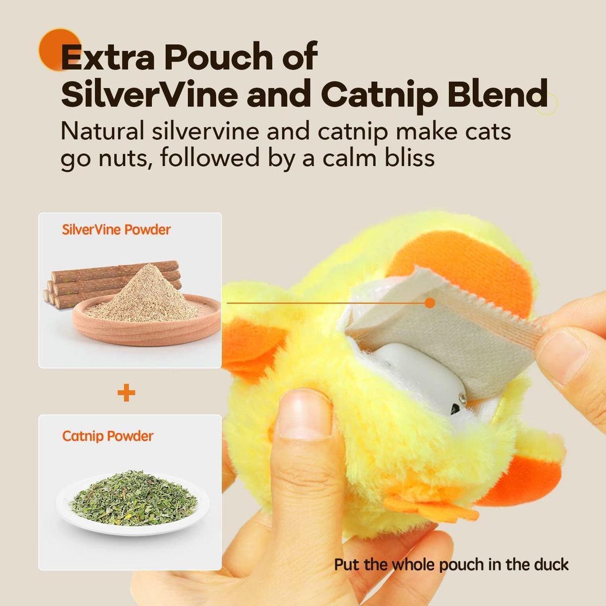Potaroma Cat Toys Rechargeable Flapping Duck with SilverVine Catnip, Lifelike Quack Chirping, Touch Activated Kitten Kicker Plush Interactive Exercise Toys for All Breeds
