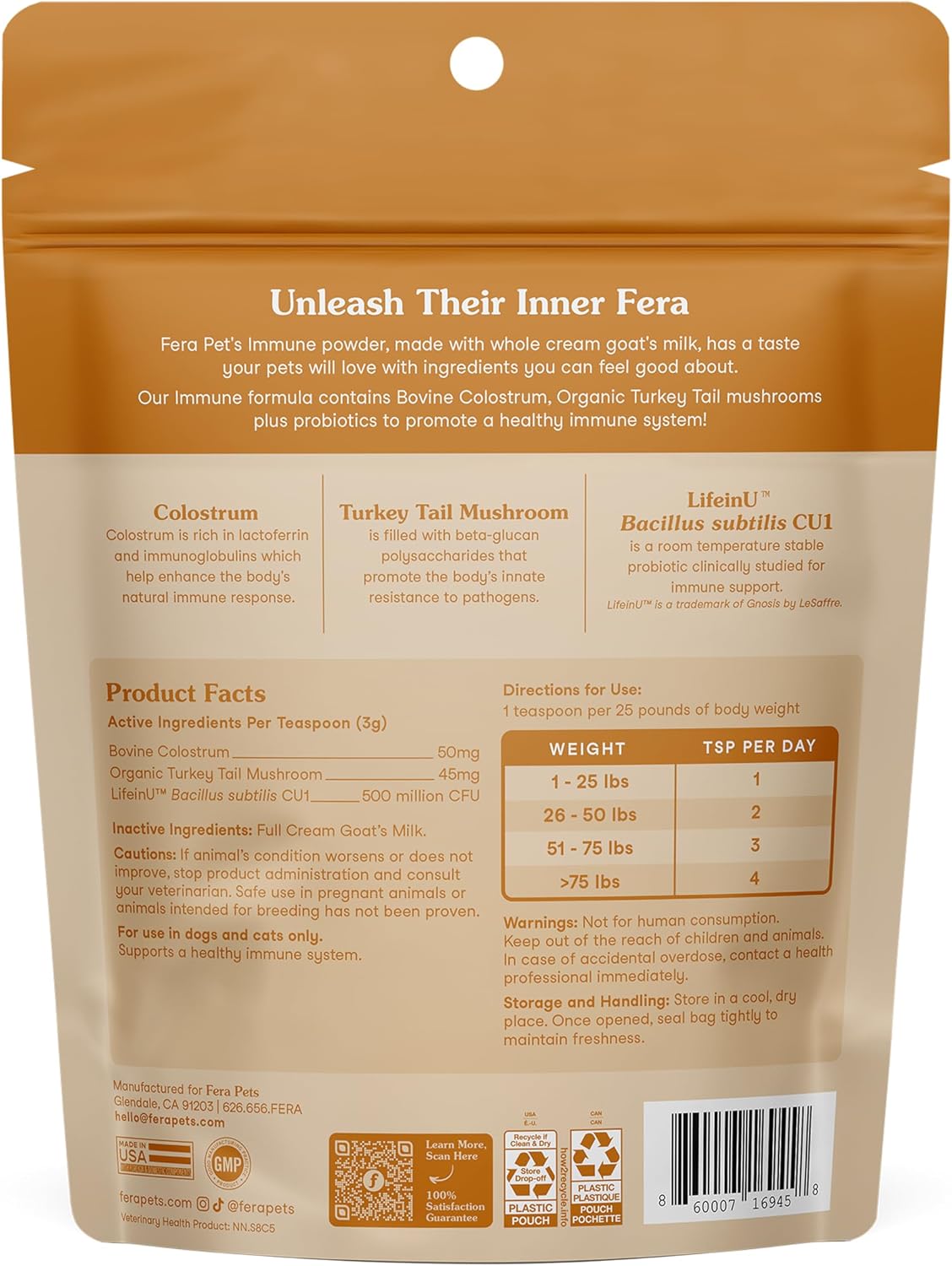 Fera Pets Cat & Dog Immune Support - Goat Milk Powder Topper, 60 TSP