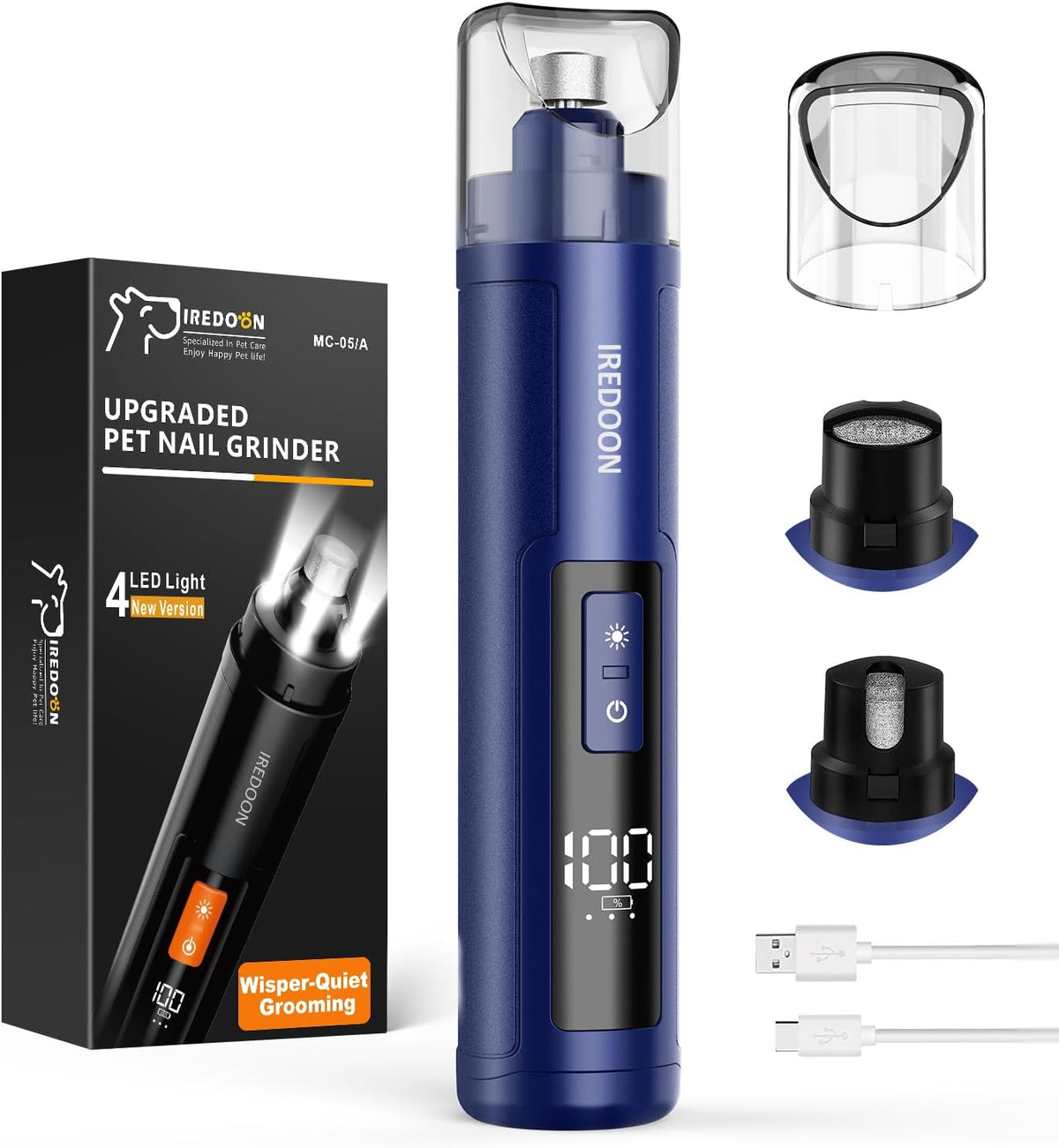 IREDOON Dog Nail Grinder with 4 LED Lights, 3 Speeds Super Quiet for Pets