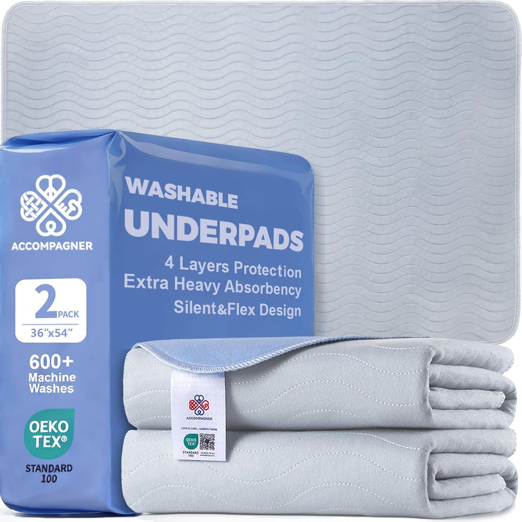 Accompagner Incontinence Bed Pads Washable Waterproof Underpads 36"x54" 2pc | 4-Layer Heavy-Absorbency Reusable Pee Pads for Adults, Kids, Elderly, Dogs, Bedridden, Bedwetting, Nursing, Sofa (Pearl Gray)