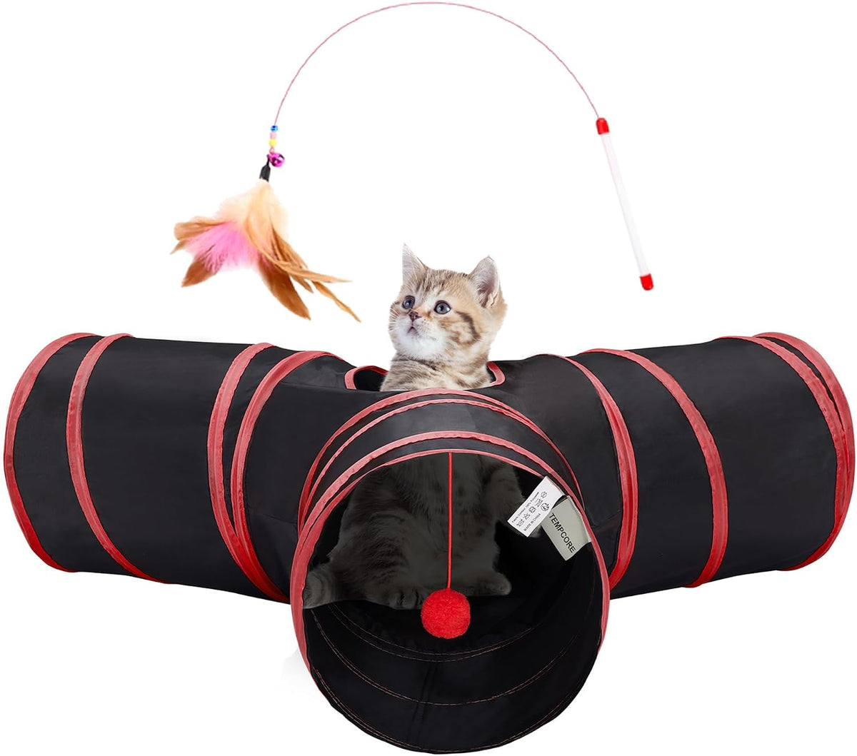 Tempcore Cat Tunnel, 3-Way Collapsible Toy for Indoor Cats, Black & Red | 3-Way Cat Tunnel with Peek Holes, Hanging Ball and Teaser Wand, Collapsible Design for Play, Hiding, Chasing and Exercise
