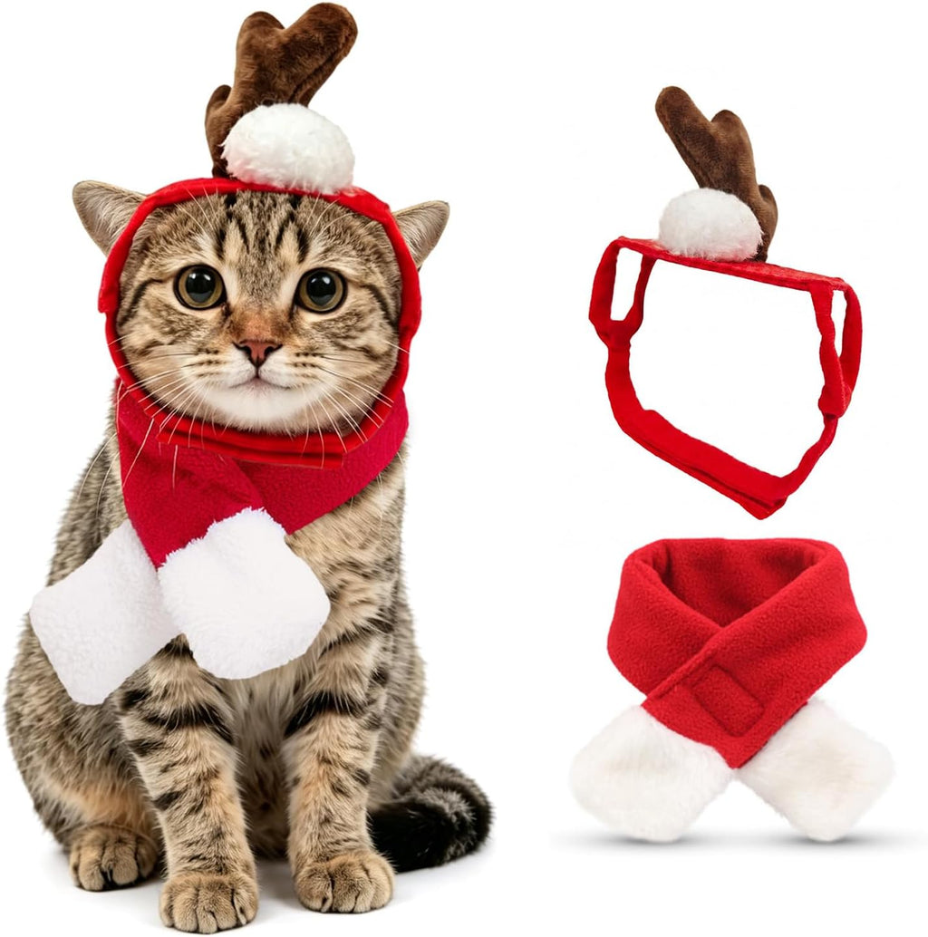 NAMSAN Pet Reindeer Costume for Cats Small Dogs Rabbits, Christmas Cat Single Antler Headband with Red Scarf, Small Dog Max Santa Antler Outfit for Christmas New Year Party Cosplay Statue Decoration