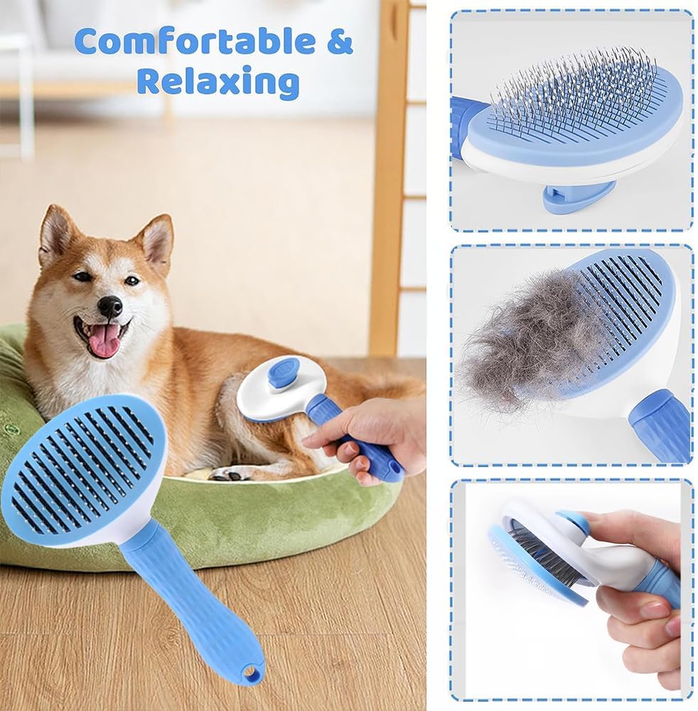 7pcs Pet Grooming Kit, Self-Cleaning Brush Shedding Kit with Nail Clipper, Flea Comb, Shampoo Bath Brush, Finger Toothbrush, Storage Bag (Blue)