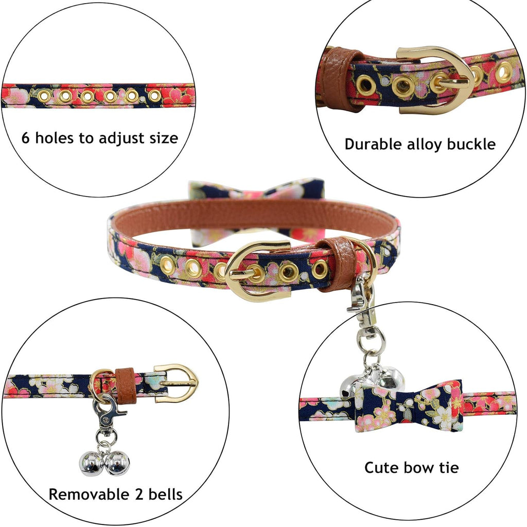 3PCS Bow Tie Dog Collar and Leash Set Plaid/Camo/Dots/Flower Dog Banadanas with Bell 3 Size Adjustable for Small Dogs Puppies and Cats (M, Black Flower)