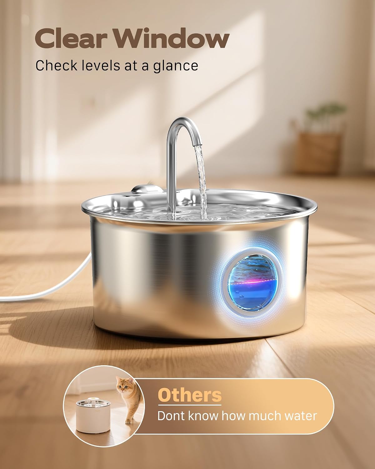 Stainless Steel Cat Water Fountain: Cat Fountain with 6 Filters + 3 Sponges