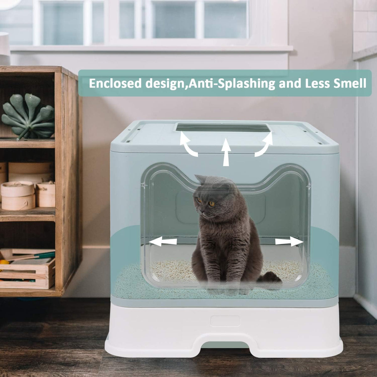 Foldable Cat Litter Box with Lid, Enclosed Potty, Large Top Entry Anti-Splashing Toilet, Easy to Clean Including Litter Scoop and 2-in-1 Cleaning Brush (Blue)