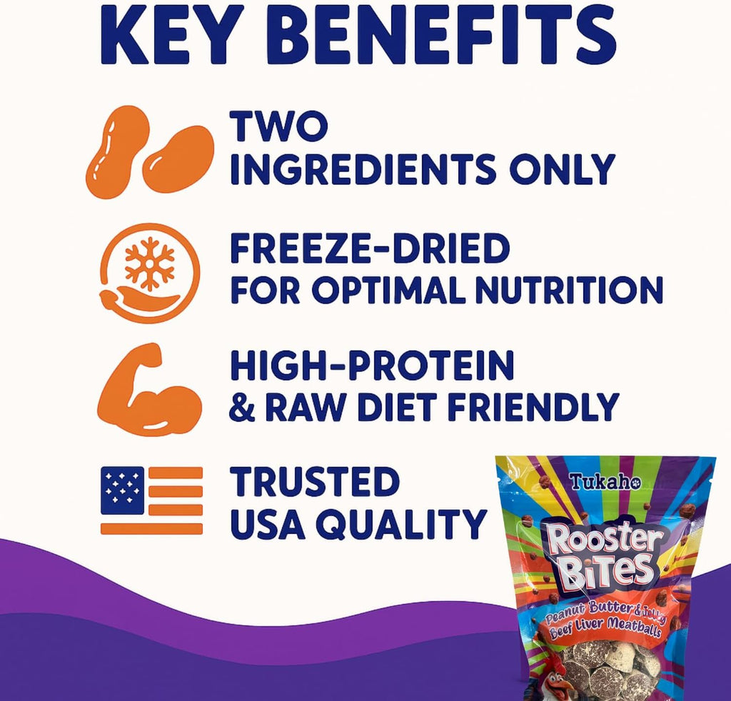 Rooster Bites Peanut Butter Beef Liver Dog Treats – Only 2 Ingredient Freeze Dried Training Treats for Dogs & Cats – High Protein, All Natural, Made in USA – Picky Eater Approved