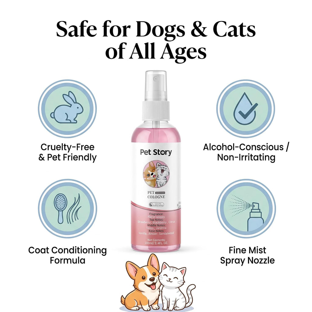 Dog Cologne Spray for Dogs & Cats, Strawberry Vanilla Pet Perfume Spray, Long Lasting Pet Odor Eliminator & Fresh Deodorizer Spray for Coat Care, 3.4 Fl Oz