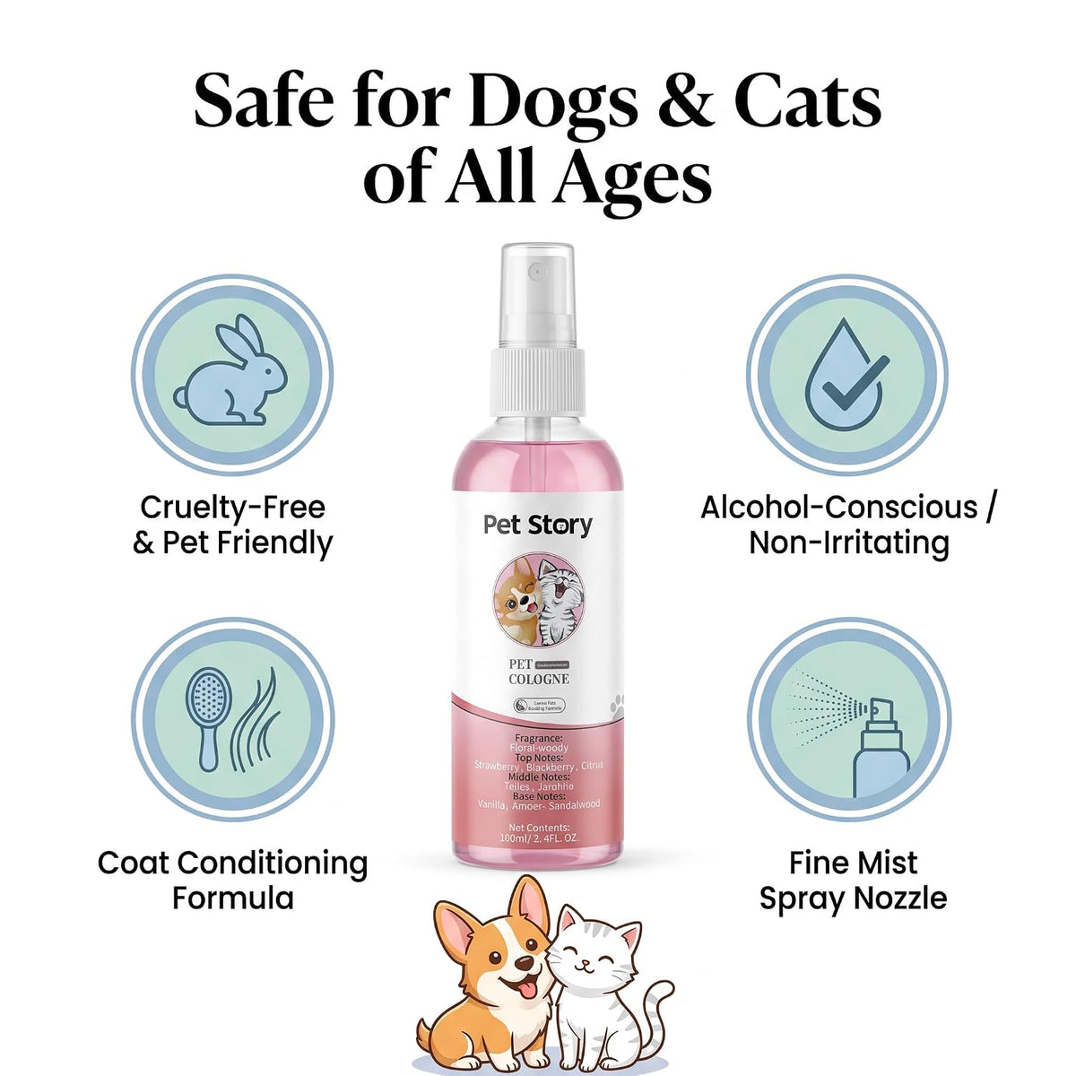 Dog Cologne Spray for Dogs & Cats, Strawberry Vanilla Pet Perfume Spray, Long Lasting Pet Odor Eliminator & Fresh Deodorizer Spray for Coat Care, 3.4 Fl Oz