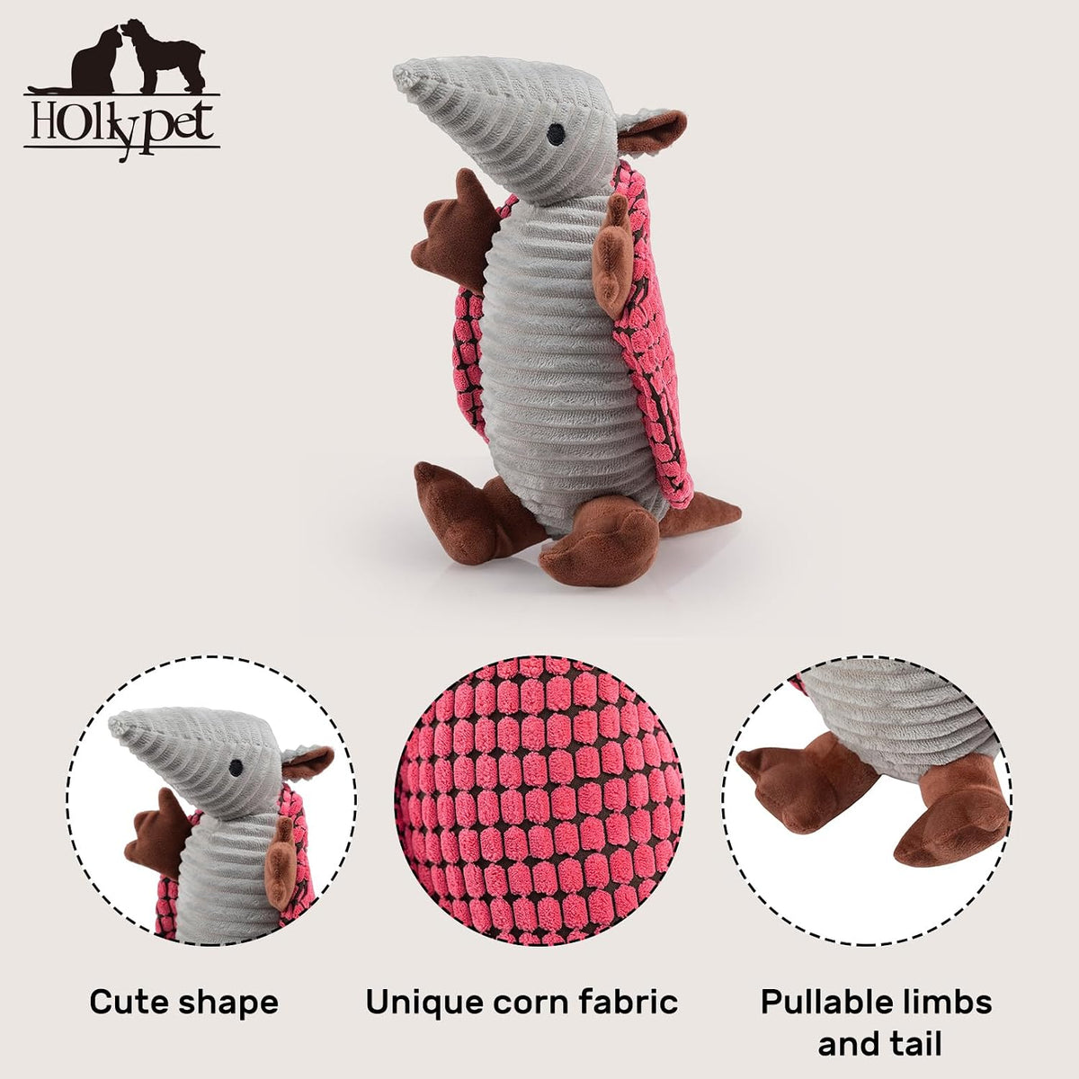 Hollypet Armadillo Squeaky Dog Toys for Medium Large Dogs, 10" | plush stuffed large dog squeak animal toy with unique grunt squeaker textured fabric for teeth cleaning toys