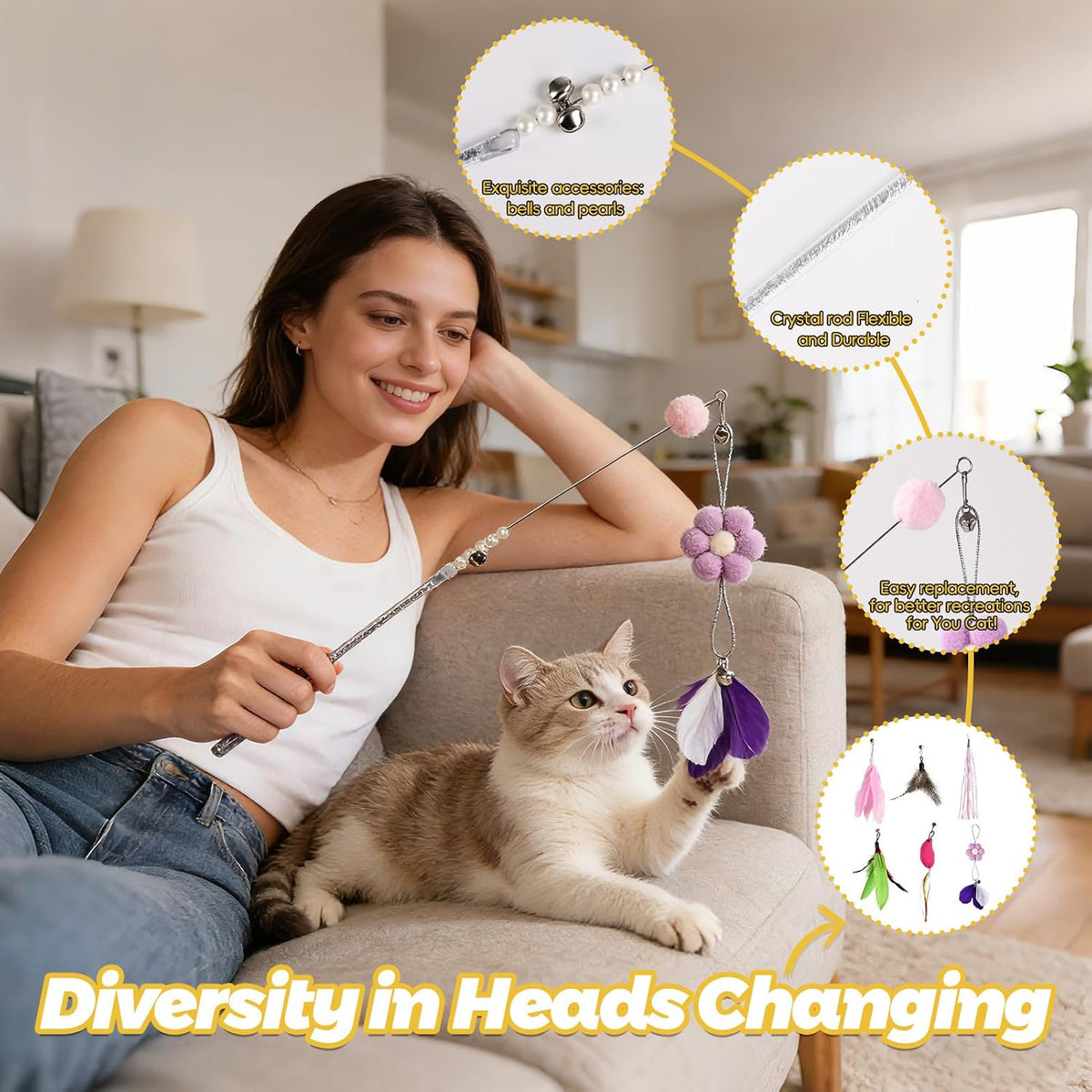 Interactive Cat Toys for Indoor Cats - 3-in-1 Feather Wand Cat Toy Set with Door Frame Hanging Cat Toy, Floor Feather Ball and Replaceable Feather & Tassel Teaser Heads