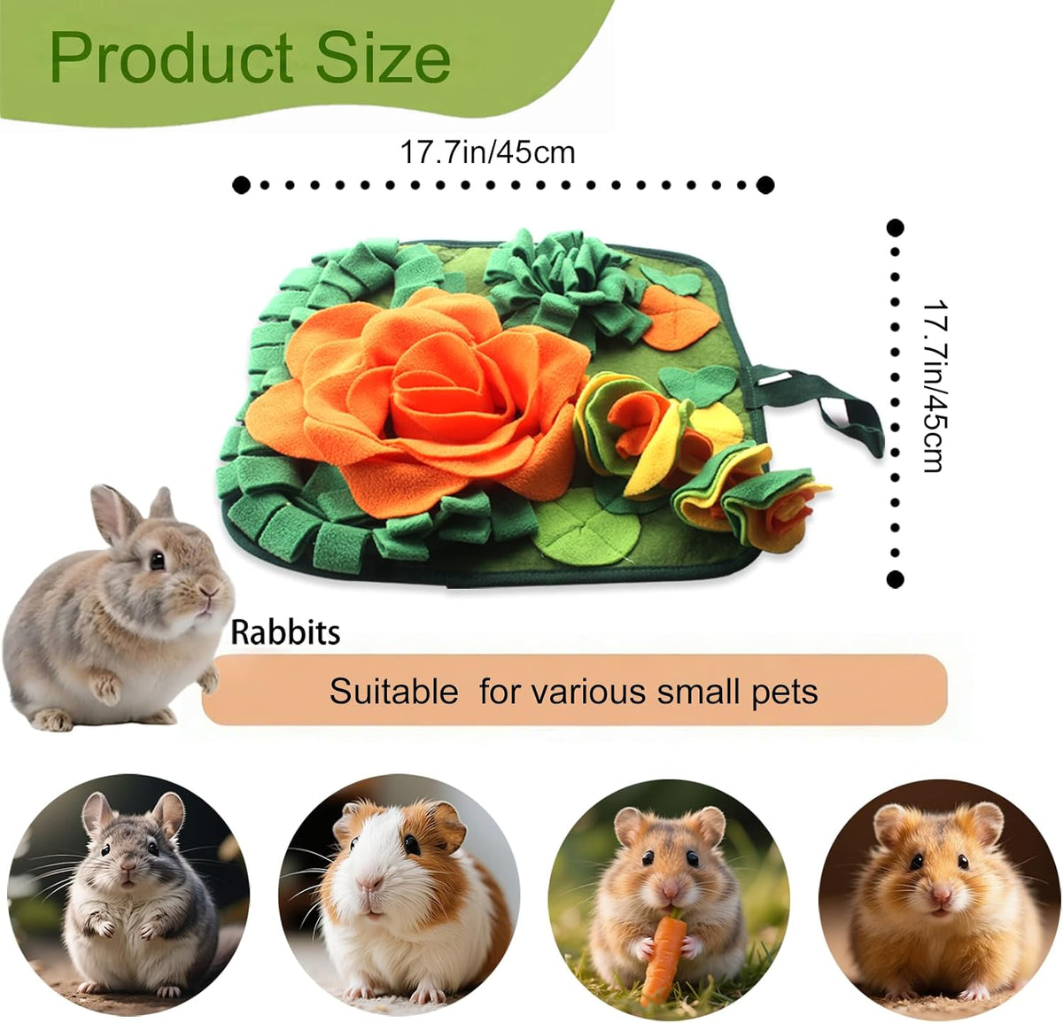 Rabbit Foraging Mat Bunny Snuffle Mat for Small Animal Puzzle Toy | Interactive Enrichment Toy 17.7", Feed Treat Mat for Rabbits Guinea Pigs, Hamster, Puppies, Chinchillas, Kitten, Indoor, Soft