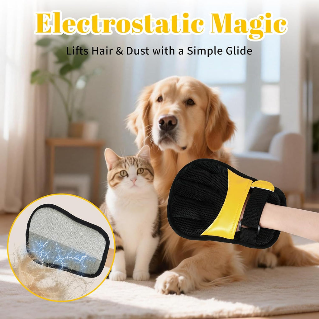 Pet Hair Removal Gloves, Yellow and Blue Colors, Static Hair Removal, Adjustable Strap, Reusable for Clothing, Sofa, Car Seat, Set of 2