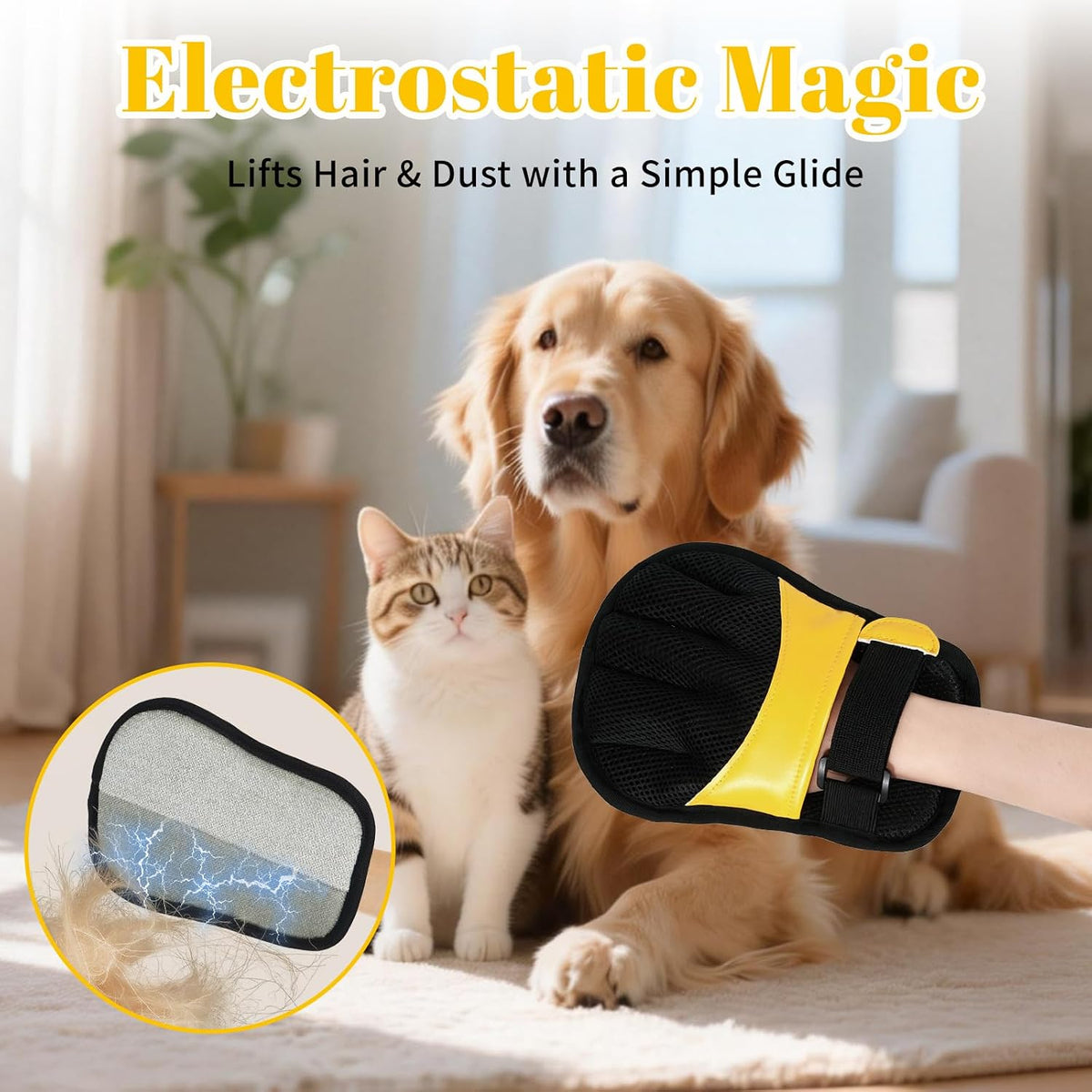 Pet Hair Removal Gloves, Yellow and Blue Colors, Static Hair Removal, Adjustable Strap, Reusable for Clothing, Sofa, Car Seat, Set of 2