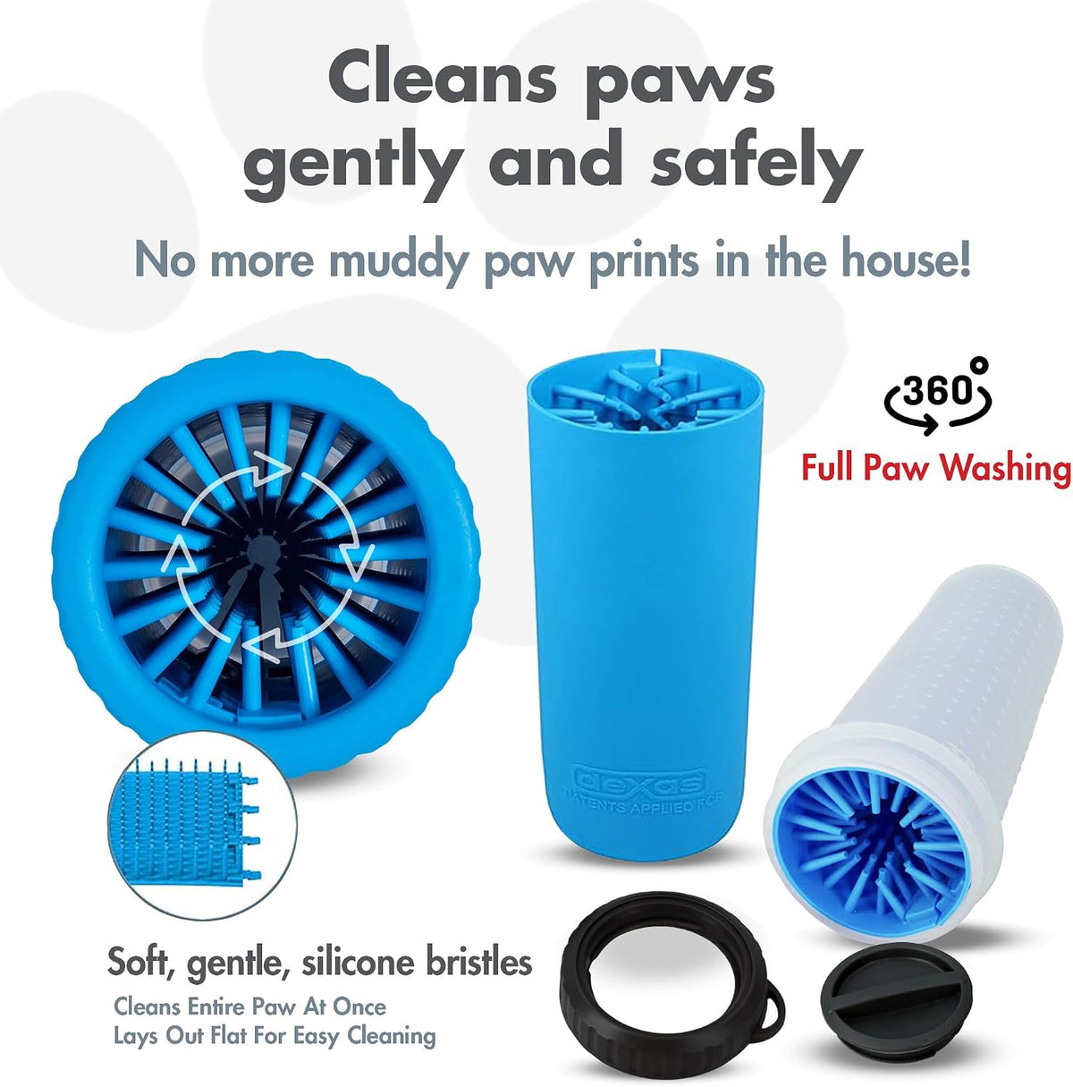 Dexas Lidded MudBuster Large Dog Paw Cleaner, Pro Blue, Fits 2.5"-3.5" Wide Paws, Gentle Silicone Bristles for Quick, Easy Cleaning 
